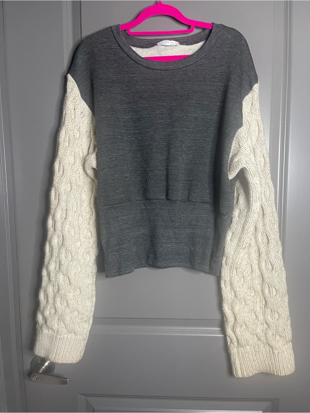 Zara Gray Body Cream Cable-Knit Sleeve Sweater